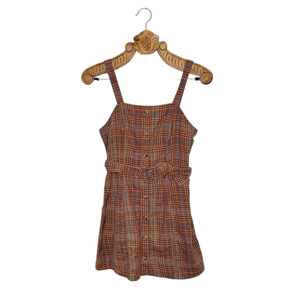 American Eagle Dress Plaid Mini A Line Skater Flare Belted Button Front Brown S